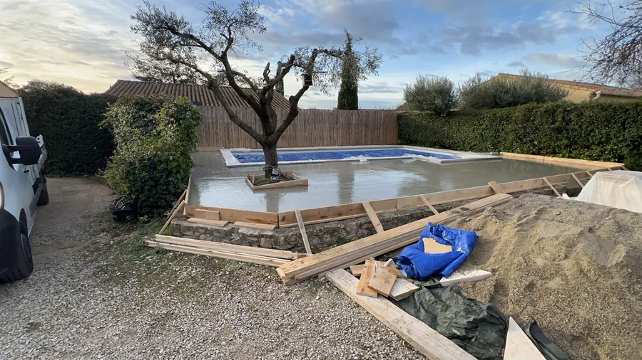 Dalle béton fraîchement coulée autour de l’olivier, coffrages en place